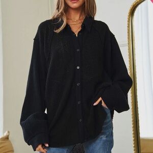 Plus double gauze waffle fringe hem detail button down shirt